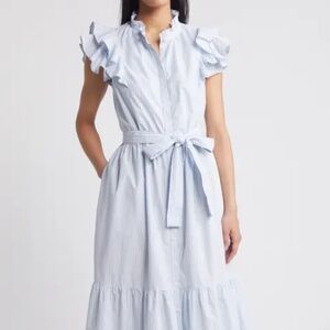 Carlson Blue Striped Dress with Ruffle Sleeves Women's Large